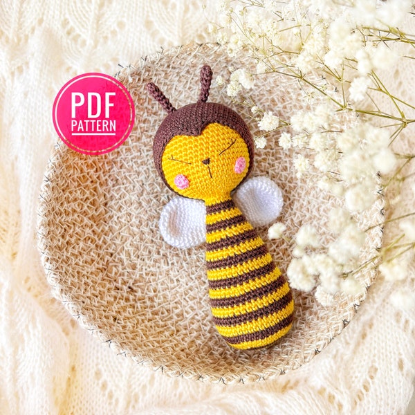 Crochet baby rattle pattern, Bee crochet pattern, Crochet rattle bee, Amigurumi bee rattle