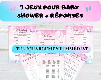 7 Printable Baby Shower Games, Blue or Pink Baby Shower, Instant Download Games, Baby Shower Games in French