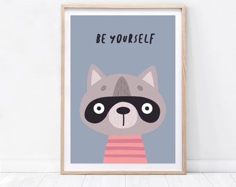 Animal Raccoon Nursery Print  - nursery print, be yourself, decor, nursery art, nursery decor, animal prints, raccoon print, safari prints