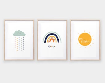 Weather Nursery Collection x 3 Prints - rain cloud print, nursery print, sunshine poster, nursery art, weather print, rainbow print