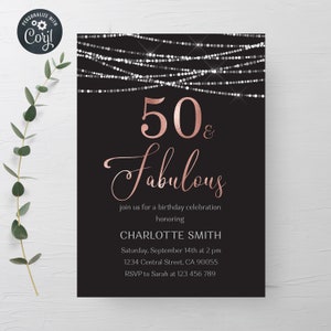 Editable Fifty and Fabulous Birthday Invitation 50th Birthday for Her Rose Gold and Black Birthday Invitation Printable Template