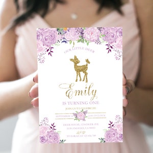 Deer Birthday Invitation Floral Birthday Invitation Woodland Birthday Invitation Printable Forest Birthday Party Invitation Purple Flowers