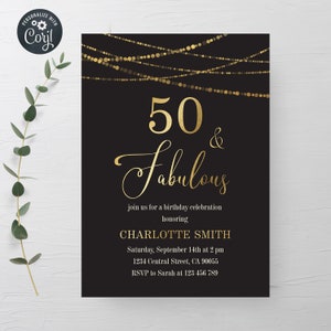 Editable 50th Birthday Invitation 50th Birthday for Her Gold and Black Birthday Invitation Printable Fifty Invitation INSTANT DOWNLOAD