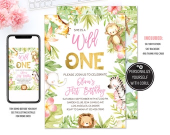 Wild One Birthday Invitation Girl Safari Birthday Party Jungle Animals Invite Wild one girl 1st birthday Invite Printable Template Editable