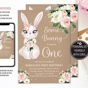 May include: A printable invitation for a first birthday party with a bunny rabbit and floral design. The invitation says "Some Bunny is Turning One" and includes the text "Hop on to Celebrate Rebecca's First Birthday".