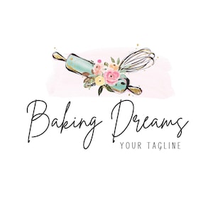 Bakery Logo Design, Cake Logo, Rolling Pin Logo, Premade Watercolor Bakery Logo, Whisk Logo, Home Baking Logo