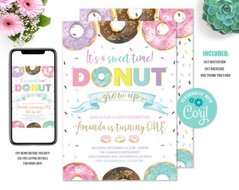 Donut Geburtstag Party Einladung druckbare Konfetti Streuseln einladen Donut Erwachsene einladen bearbeitbare sofortige digitale Vorlage personalisiert einladen