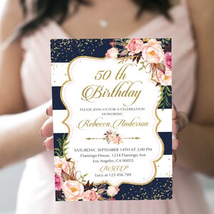 50th Birthday Invitation, 50th Birthday for Her, Floral Women Birthday Invitation, Printable Fifty Birthday Invitation, INSTANT DOWNLOAD
