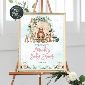 Signo de bienvenida del baby shower del bosque, signo de bienvenida del baby shower de los animales del bosque, baby shower verde, editable, descarga instantánea, imprimible