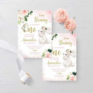 Bunny Birthday Invitation Bunny 1st Birthday Invite Some Bunny Invite Floral Bunny Birthday Party Invitation Printable Editable Template image 6
