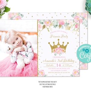 Editable Crown Birthday Invitation, Princess Birthday Invite, Royal Princess invitation, Gold Crown 2nd Birthday Invitation with Photo