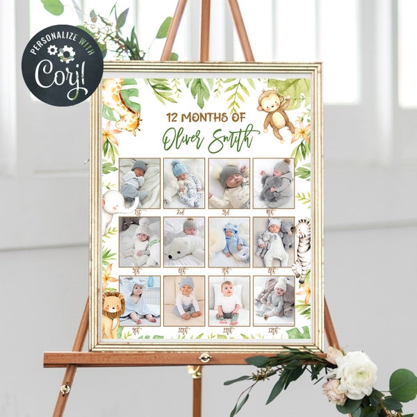 First 12 Months Photo Collage Wild One 1st Birthday Photo Collage Jungle Baby Photo Collage Printable 1st Birthday Photo Poster Jungle