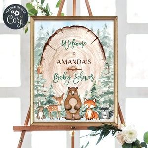 Letrero de bienvenida editable con temática de bosque para baby shower, letrero imprimible con animales del bosque, plantilla con temática de vegetación para baby shower, W2