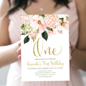 Editable Blush Pink Birthday Invitation Floral First Birthday Invitation Printable 1st Birthday Invite Editable template INSTANT DOWNLOAD