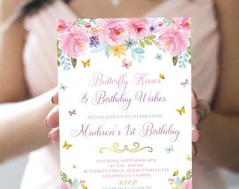 EDITABLE Butterfly Birthday Invitation Floral Butterfly Invitation Butterfly Kisses Garden Invitation Instant Download Printable B2