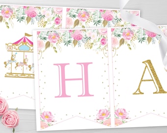 Editable Carousel Happy Birthday Banner, Pink & Gold Carousel Bunting Banner, Carnival Carousel Party, Carousel Birthday Party