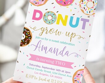 Donut Printable Birthday Invitation, Donut Grow Up Birthday Invitation, Donut Party Printables, Personalized, Doughnut Girl invite