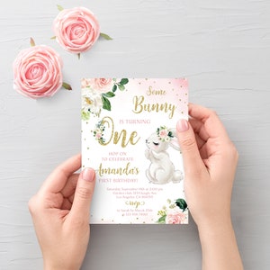 Bunny Birthday Invitation Bunny 1st Birthday Invite Some Bunny Invite Floral Bunny Birthday Party Invitation Printable Editable Template image 7