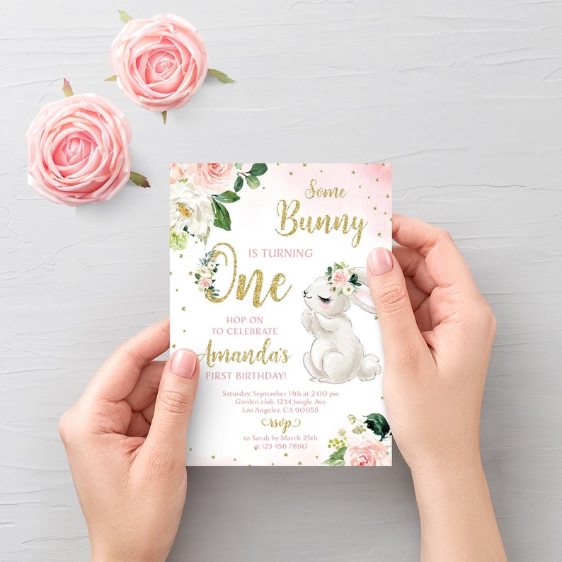 Bunny Birthday Invitation Bunny 1st Birthday Invite Some Bunny Invite Floral Bunny Birthday Party Invitation Printable Editable Template image 7
