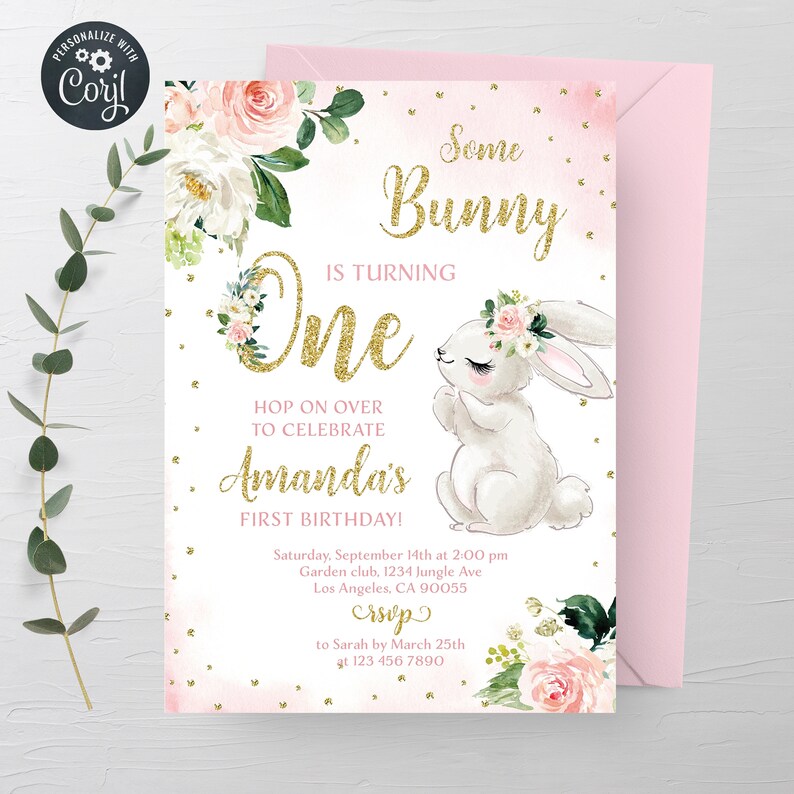 Bunny Birthday Invitation Bunny 1st Birthday Invite Some Bunny Invite Floral Bunny Birthday Party Invitation Printable Editable Template image 4