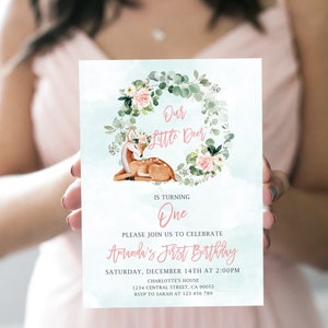 Deer First Birthday Invitation Our Little Deer Woodland Deer Birthday Invitation Floral Deer Invite Editable Printable Instant Download