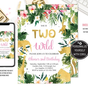 Two Wild Birthday Invitation Girl Safari Birthday Invite Jungle Animals Party Invitation Editable Template Printable Invitation Digital
