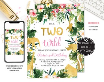 Two Wild Birthday Invitation Girl Safari Birthday Invite Jungle Animals Party Invitation Editable Template Printable Invitation Digital
