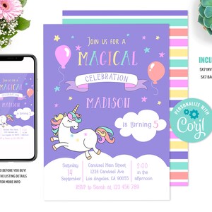 EDITABLE Unicorn Birthday Invitation Unicorn Party Printable Birthday Invitation Unicorn Unicorn and Rainbow Invitation Personilized