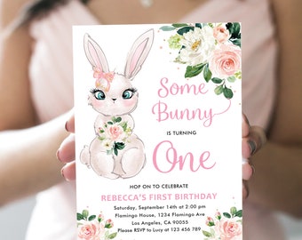 Somme Bunny Birthday Invitation Girl 1st Birthday Invite Spring Invitation Easter Birthday Invite Printable Digital Instant Download