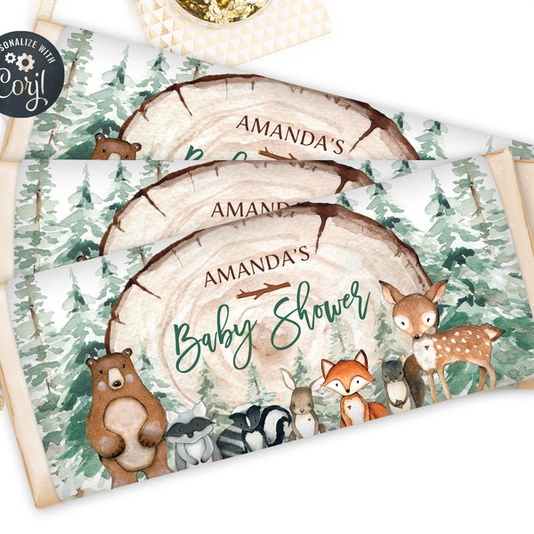 Woodland Baby Shower Chocolate Bar Wrapper, Forest Animals Candy Bar Wrapper, Woodland Baby Shower Birthday Favors Template W2