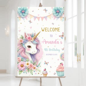 Unicorn Birthday Welcome Sign Printable – Magical Pastel Unicorn Party Decoration, Editable Instant Download, Girl Birthday Welcome Sign
