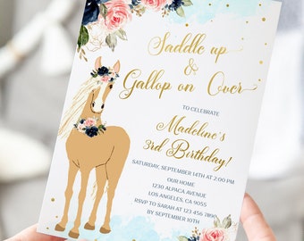 Horse Birthday Invitation Navy and Blush Birthday Invitation Horse Birthday Party Invite Printable Editable Template