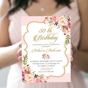 50th Birthday Invitation 50th Birthday for Her Women Birthday Party Printable Fifty Birthday Invitation Pink and Gold Invite Editable