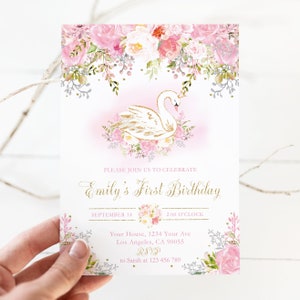EDITABLE Swan Birthday Invitation, Swan Princess Birthday Invite, Swan Birthday Party Invitation, 1st Birthday Printable Invitation SW2
