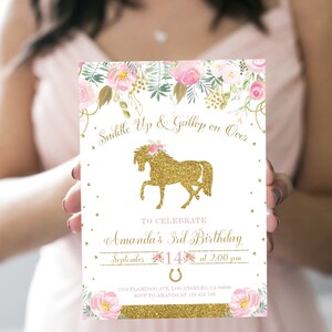EDITABLE Horse Birthday Invitation, Gold, Pink, Horse Invitation, Horse Party, Horse Birthday Party Invite, Personalized