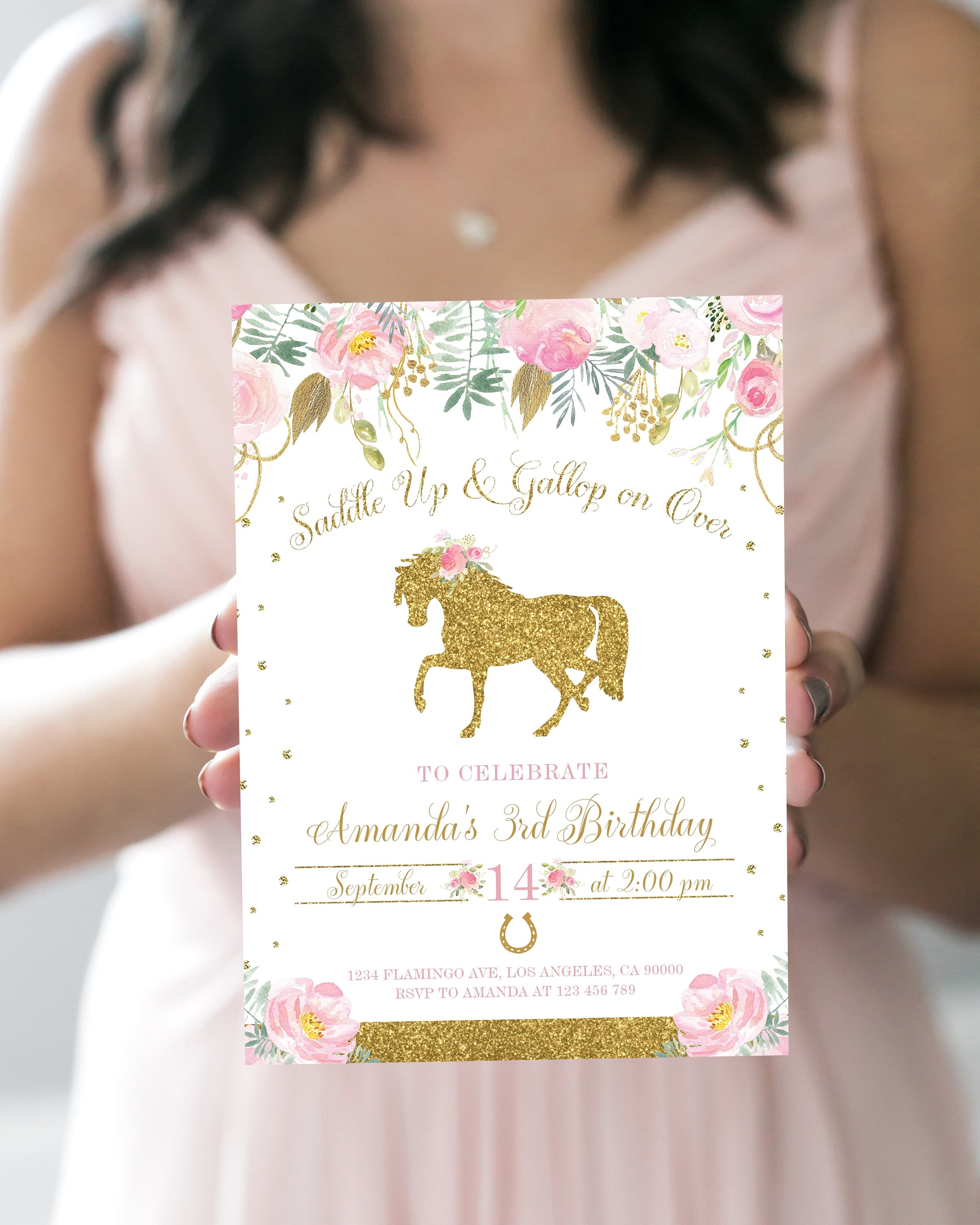 EDITABLE Horse Birthday Invitation Gold Pink Horse Etsy