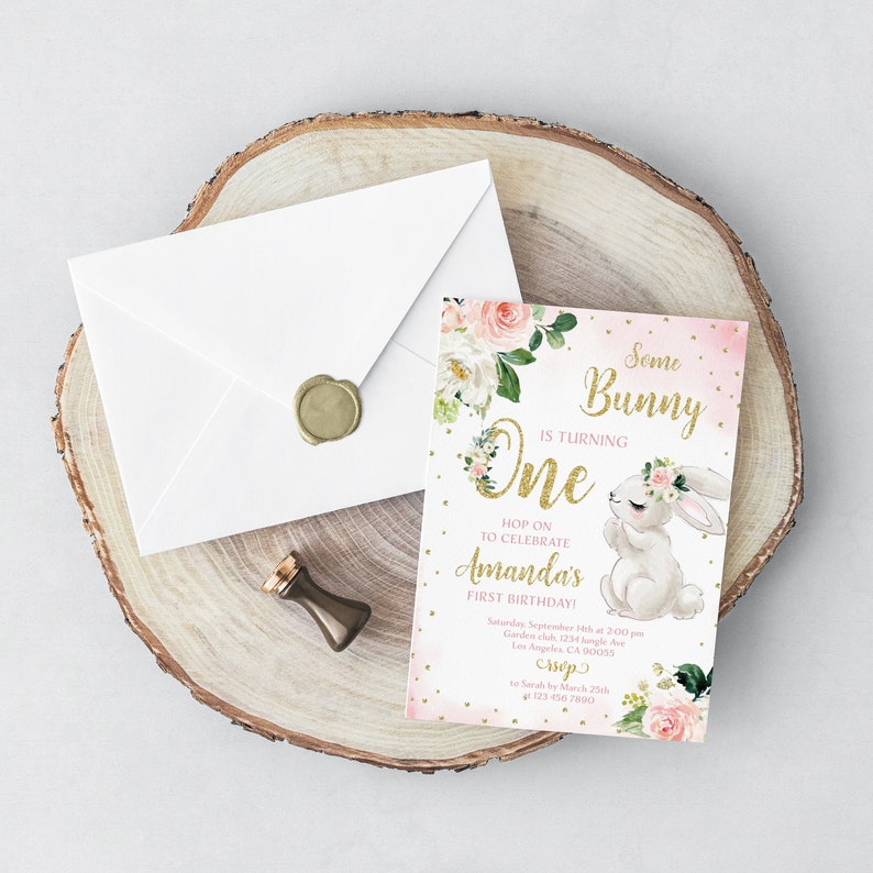 Bunny Birthday Invitation Bunny 1st Birthday Invite Some Bunny Invite Floral Bunny Birthday Party Invitation Printable Editable Template image 8