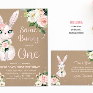 May include: A printable invitation for a first birthday party with a bunny theme. The invitation features a cute cartoon bunny with pink flowers and the text "Some Bunny is Turning One".