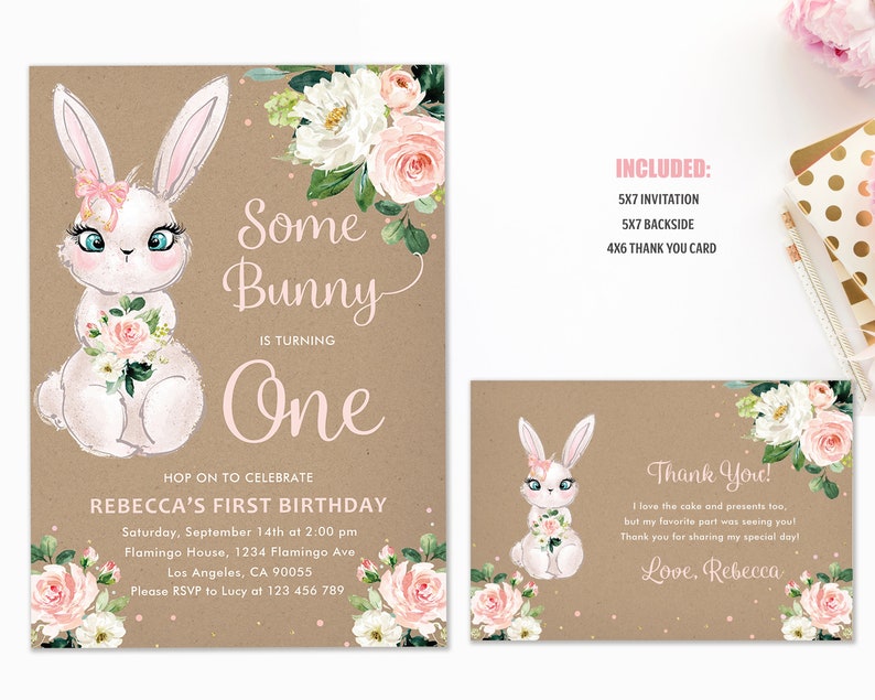 May include: A printable invitation for a first birthday party with a bunny theme. The invitation features a cute cartoon bunny with pink flowers and the text "Some Bunny is Turning One".
