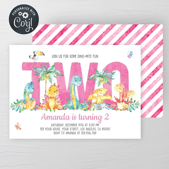 Girl Dinosaur Birthday Invitation TRex Birthday Invite Dinosaur Birthday Party Girl 2nd Birthday Invite Printable Dinosaur Instant Download