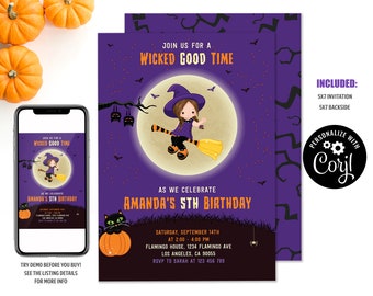 EDITABLE Halloween Witch Birthday Invitation Halloween Invitation Girl Witch Halloween Birthday Party Costume Party Personalized Invitation