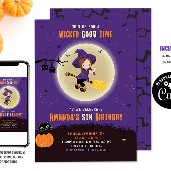 EDITABLE Halloween Witch Birthday Invitation Halloween Invitation Girl Witch Halloween Birthday Party Costume Party Personalized Invitation