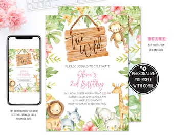 Two Wild Birthday Invitation Safari Birthday Invitation Girl 2nd Birthday Jungle Invite Editable Template Printable Invitation Digital