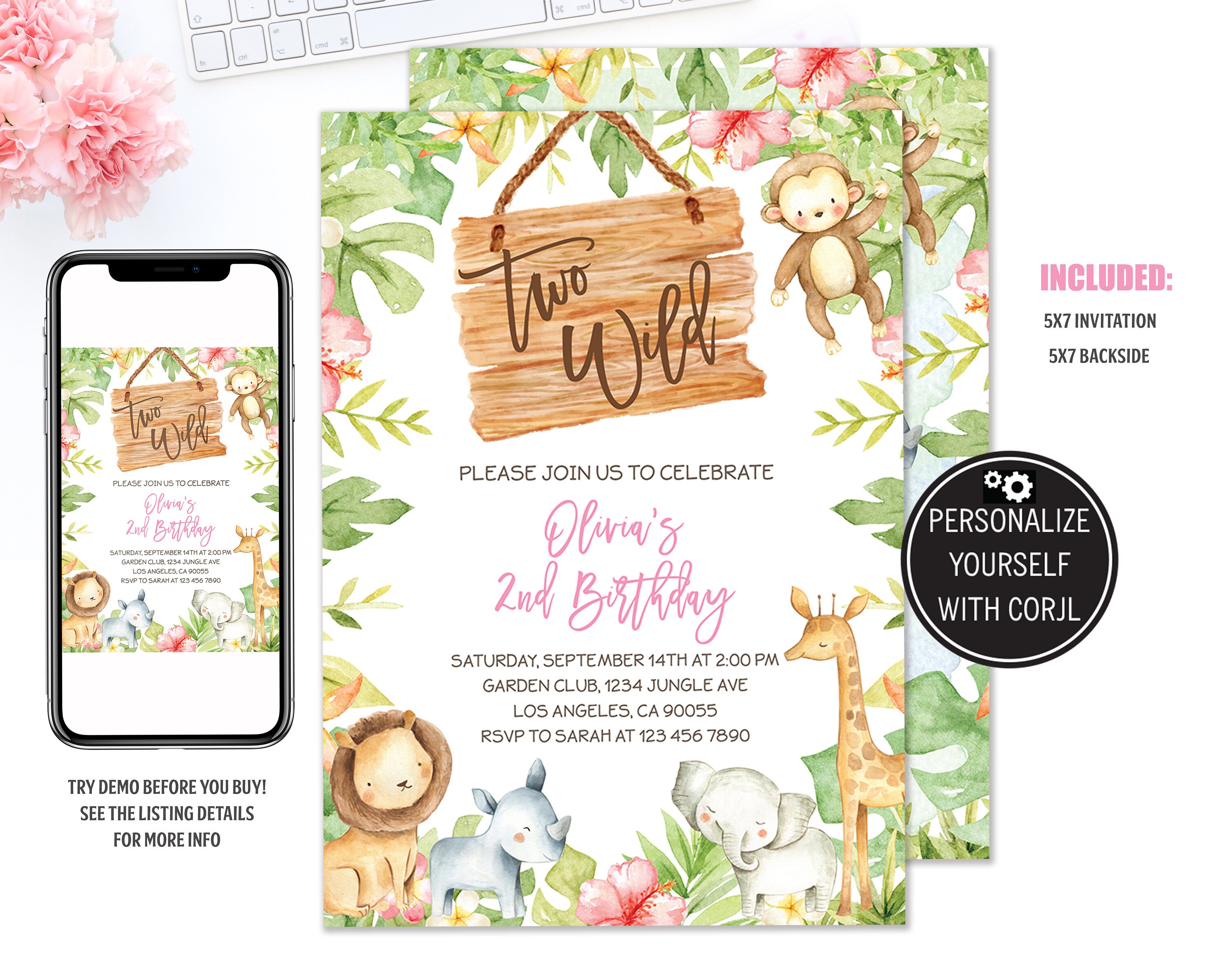 Two Wild Birthday Invitation Safari Birthday Invitation Girl Etsy