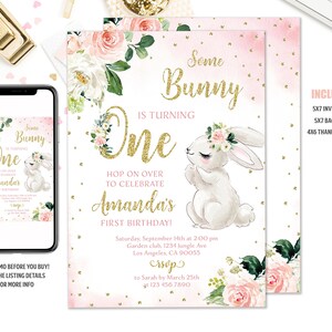 Bunny Birthday Invitation Bunny 1st Birthday Invite Some Bunny Invite Floral Bunny Birthday Party Invitation Printable Editable Template image 1