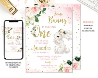Bunny Birthday Invitation Bunny 1st Birthday Invite Some Bunny Invite Floral Bunny Birthday Party Invitation Printable Editable Template