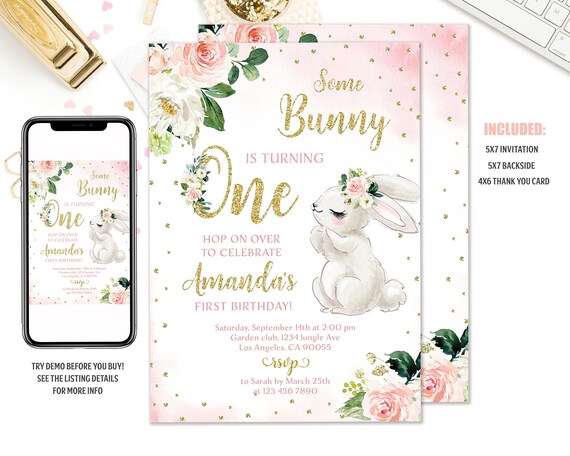 Bunny Birthday Invitation Bunny 1st Birthday Invite Some Bunny Invite Floral Bunny Birthday Party Invitation Printable Editable Template