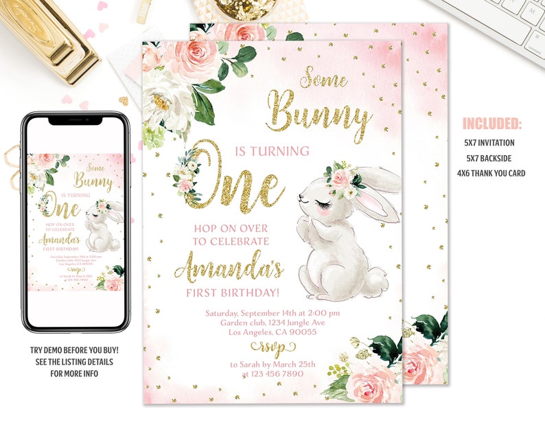 Bunny Birthday Invitation Bunny 1st Birthday Invite Some Bunny Invite Floral Bunny Birthday Party Invitation Printable Editable Template image 1