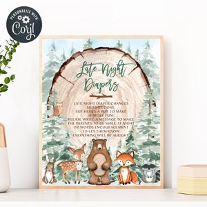 Signo de pañales nocturnos, signo de pañales del bosque, animales del bosque signo de pañales nocturnos, bebé, signo de baby shower del bosque, descarga instantánea W2