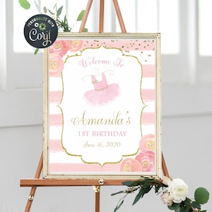 Ballerina Geburtstag Willkommensschild Tutu Willkommensschild 1. Geburtstag Willkommensschild Ballerina Party druckbare Ballerina Rosa und Gold Schild